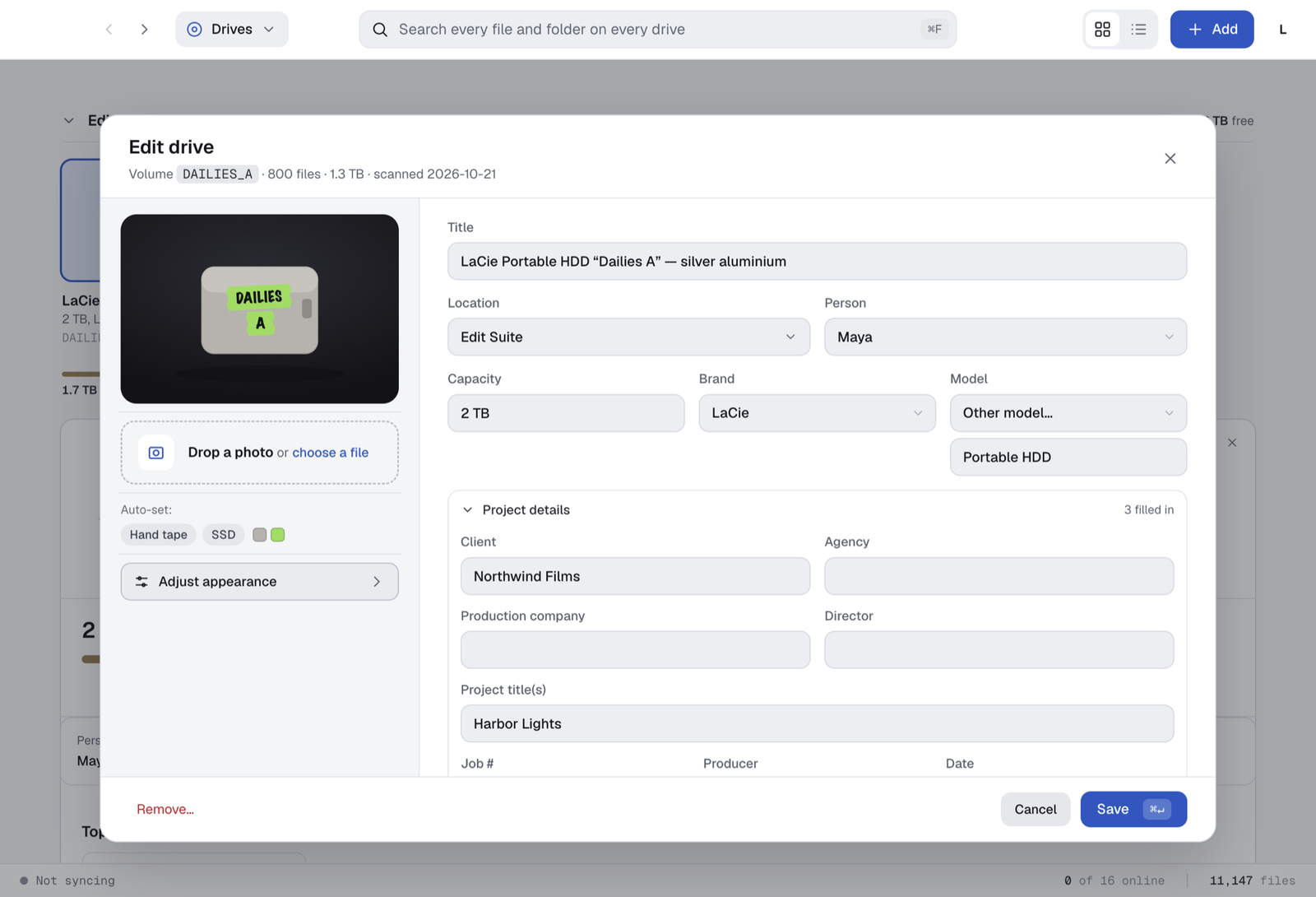 Edit drive dialog with a live icon preview, a drop box for a photo of the drive, and fields for location, person, brand, model and project