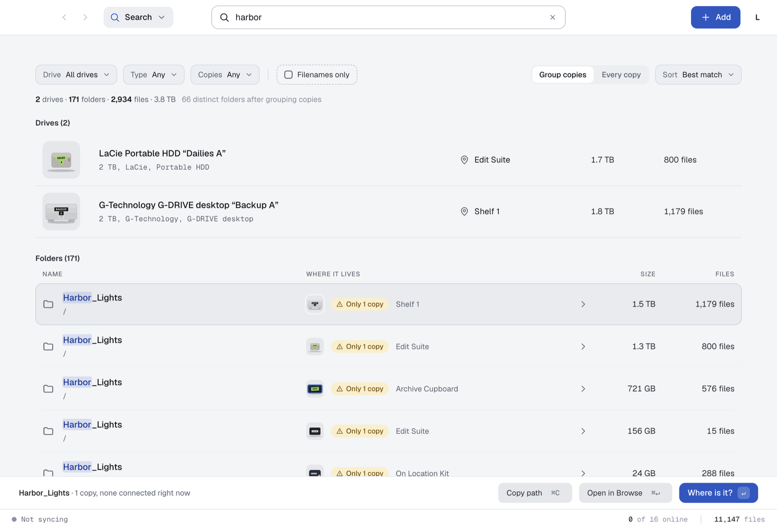 Search results for 'harbor': matching drives, then folders grouped by copies, each with where it lives